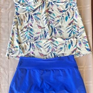 Leaf Print Tankini Top with Royal Blue Swim Skirt